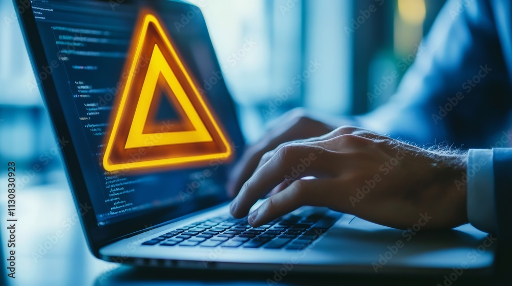 Wall mural businessman or it staff , programmer, developer using computer laptop with triangle caution warning 