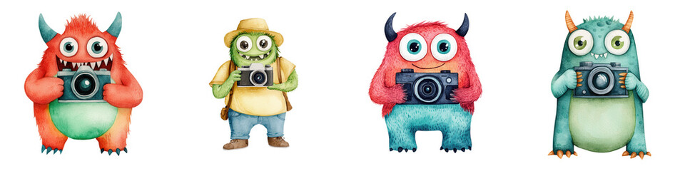 Colorful monsters holding cameras, ready to capture fun moments, isolated on transparent background.