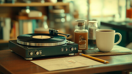 Obraz premium miniature turntable sitting next to a pencil and a coffee cup on a table
