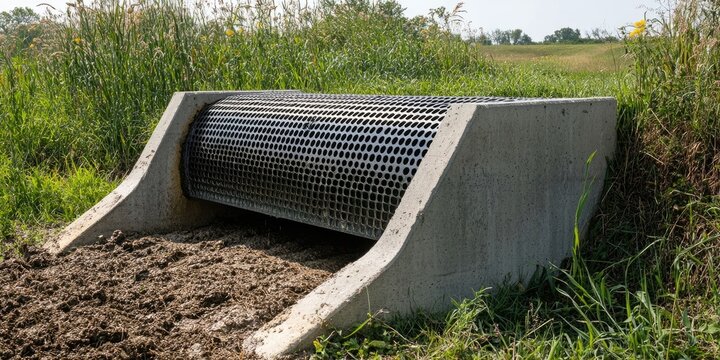 Irrigation screen installed on a concrete culvert, showcasing the design and functionality of the irrigation screen to optimize water flow and management in various environments.
