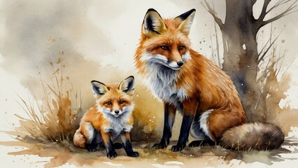 "A Tender Bond: Watercolor Mother and Baby Animal Illustration"