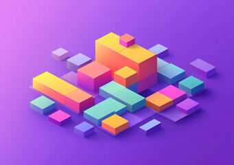Obraz premium Isometric composition of colorful blocks on a purple background, 3D rendering illustration, vector design