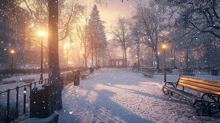Naklejka premium City park in winter, a town recreation area covered in snow