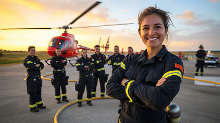 Emergency responder standing before team and helicopter.