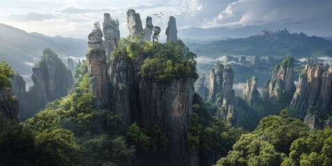 Majestic rocks rise above the forest canopy, showcasing a stunning landscape where towering rocks merge with lush trees, creating a captivating and serene natural scene.