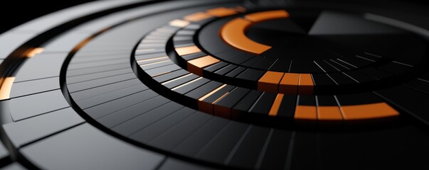 A close-up view of concentric circular shapes with a mix of dark tones and vibrant orange accents, creating a modern, abstract design.