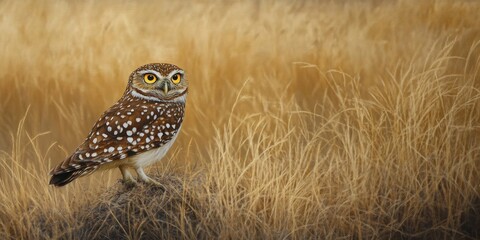 Obraz premium A solitary burrowing owl Athene cunicularia , also known as the shoco, perches in the dry grass, showcasing its unique features and habitat in a serene natural setting.