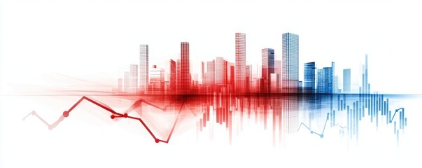 Fototapeta premium A vibrant visualization blending cityscape silhouettes with sound wave patterns, featuring red and blue tones to signify data trends.