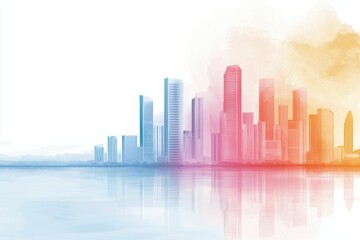 Fototapeta premium climate change weather mitigation concept, A modern city skyline reflected on water, depicted in soft colors of blue, pink, and orange, creating a serene and artistic atmosphere.