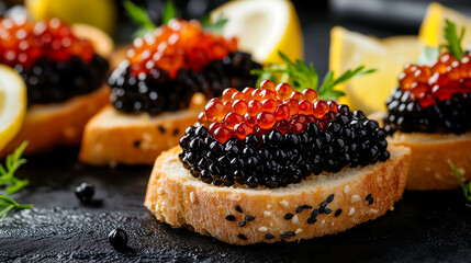 A close-up of gourmet caviar sandwiches with delicate red and black pearls glistening on buttered bread