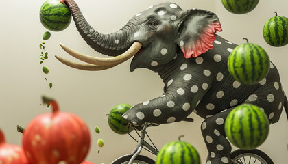 Polka-Dotted Elephant Riding Bicycle with Watermelons
