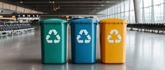 Recycle sustainability renewal concept. Three recycling bins in an airport terminal.