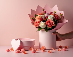 AI generation of the bouquet in the decorative packaging with copy space.