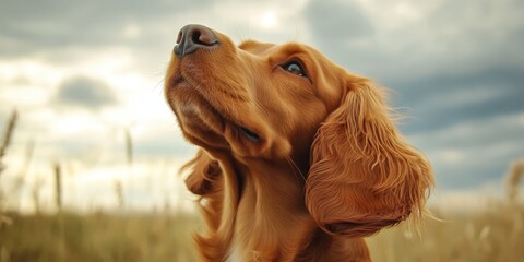 Close up of a red cocker spaniel dog with golden ears, nose raised high to sniff the air. This adorable red cocker spaniel enjoys exploring outdoors in a field on a cloudy day.