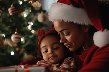 A loving embrace shared between a mother and her child, both in festive attire, in a magical Christmas setting filled with lights, a beautifully decorated tree, and gifts.