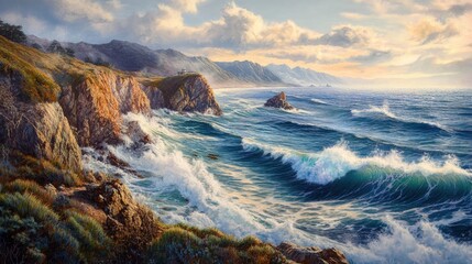 Fototapeta premium Ocean waves crashing on rocky coastline, lighthouse.
