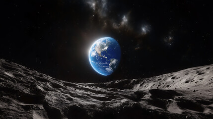view of Earth in vibrant shades of blue, seen from the rugged, desolate surface of the moon