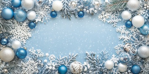 Winter Wonderland Christmas Background: Festive Blue and Silver Ornaments, Snowflakes, and Pine Branches
