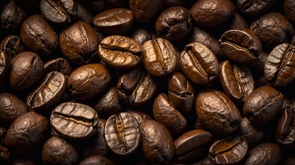 Fototapeta premium Close-up image of freshly roasted coffee beans on a black background. Perfect for food and drinks advertising purposes. Generative AI