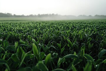 Naklejka premium Lush green meadow with vapor trails serene landscape nature photography calm environment wide-angle view tranquil concept for nature lovers
