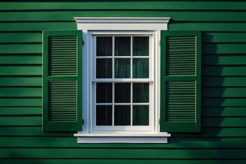 Fototapeta premium Vintage double hung window in green exterior wall with thin horizontal clapboard siding and white wooden trim and shutters
