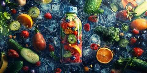 Fototapeta premium Refreshing vegetable and fruit smoothie inside a bottle, surrounded by ice and an assortment of vibrant fruits and vegetables, creating a delightful visual of a healthy lifestyle.