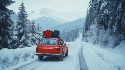 Winter Holidays by Car, Car with Luggage Inside the Car Safe Driving on Snowy Roads