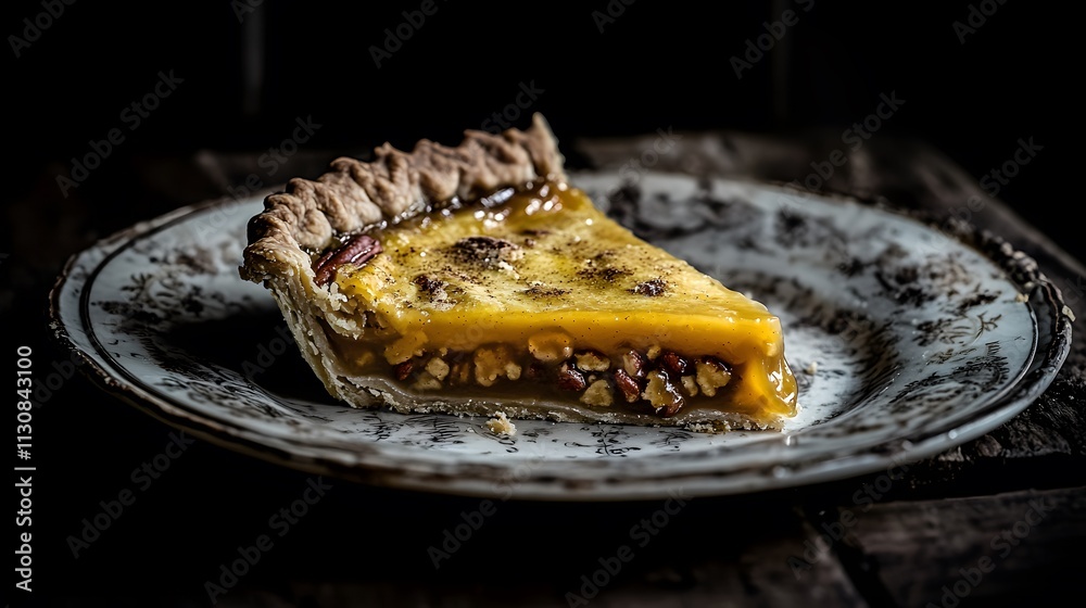 Sticker A slice of pecan pie on a decorative plate, showcasing its rich filling and crust.