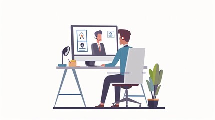 Professional Office Worker Sitting at Desk Chatting with Coworker via Video Conference