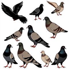 Colorful Pigeon Illustrations in Various Poses
