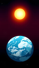 Obraz premium World on space, rising Sun over Planet Earth. Vertical banner resolution. Realistic Planet Earth 3D rendering, flat design, with white tones