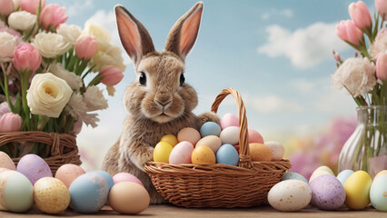A Stylish Bunny in Chic Spring Fashion, Standing Beside a Basket of Beautifully Decorated Easter Eggs with Soft Pastel Flowers
