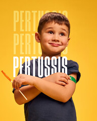 Brave little boy, child showing his arm after receiving a pertussis vaccine. Conceptual design....