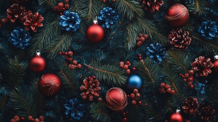 christmas garland with red and blue ornaments, pine branches background concept