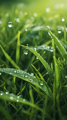 Green grass adorned with sparkling dew drops, illuminated by the soft morning light.