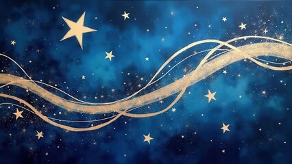 Fototapeta premium Glittery trails. Twinkling stars interwoven with silver ribbons over a midnight blue background, creating an image of celestial elegance.