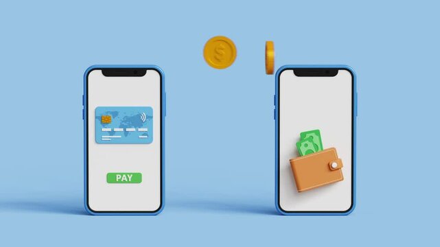 Sending and receiving funds using smartphone app. P2P transactions online banking payments and money transfer concept. Sending money via mobile banking app. 4K 3D animation