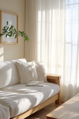 Fototapeta premium Sunlight filters through sheer curtains, illuminating a cozy living room featuring a wooden sofa adorned with soft pillows and a simple decor that invites relaxation