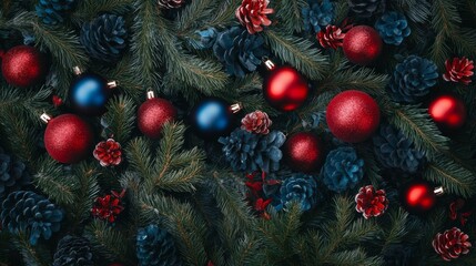 christmas garland with red and blue ornaments, pine branches background concept