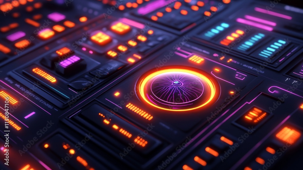 Poster intricate control panel features glowing buttons and displays in neon colors, creating a dynamic atm
