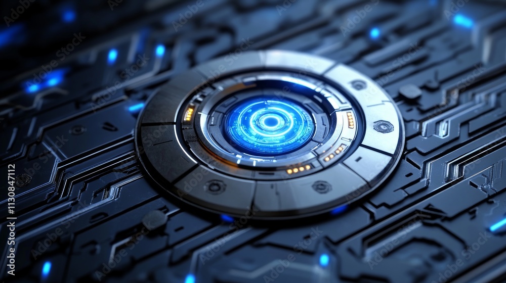 Poster a close-up view of a glowing circular interface with blue lights, surrounded by complex patterns on 