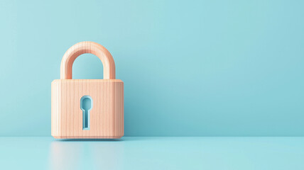 Fototapeta premium wooden padlock on blue background symbolizes security and protection. This minimalist design evokes feelings of safety and trust, making it ideal for various applications