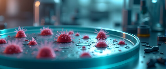 Microscopic View: Crimson Viruses Under Scrutiny in a Teal Petri Dish.  A glimpse into the world of virology and scientific research.