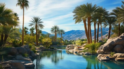 Obraz premium Serene oasis: palm trees, pool, mountains.
