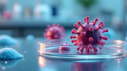 Microscopic Virus in Petri Dish: A Close-Up View of Scientific Research into Viral Infections and Potential Treatments.
