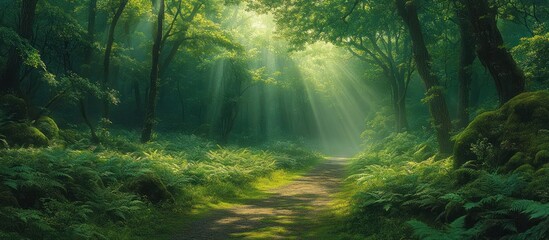 Obraz premium Sunbeams illuminate a path through a lush, green forest.