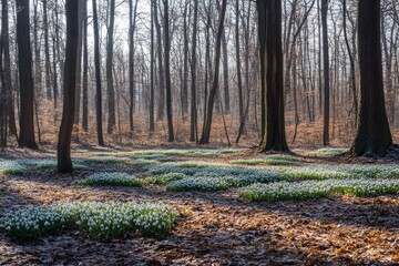 Forest clearing adorned with white snowdrops in early spring sunlight