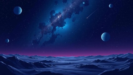 Obraz premium Galaxy background with planet stars, meteor, alien planet landscape with craters, comet flying in night sky vector cartoon illustration, galaxy, alien, space
