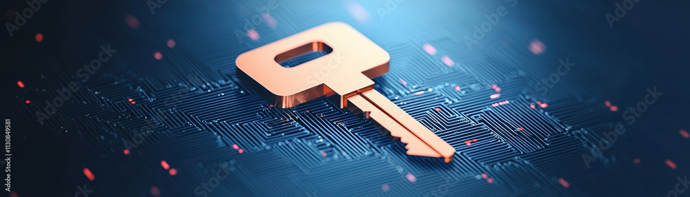 Poster digital key icon on data stream background, symbolizing security and technology. design features cop