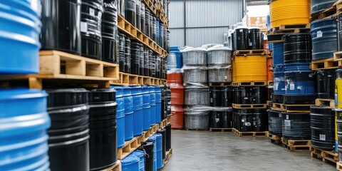 Plastic reservoirs stored on pallets serve as tanks for transporting liquids. These plastic barrels are ideal for oil products, while the warehouse features outdoor containers and reservoirs for